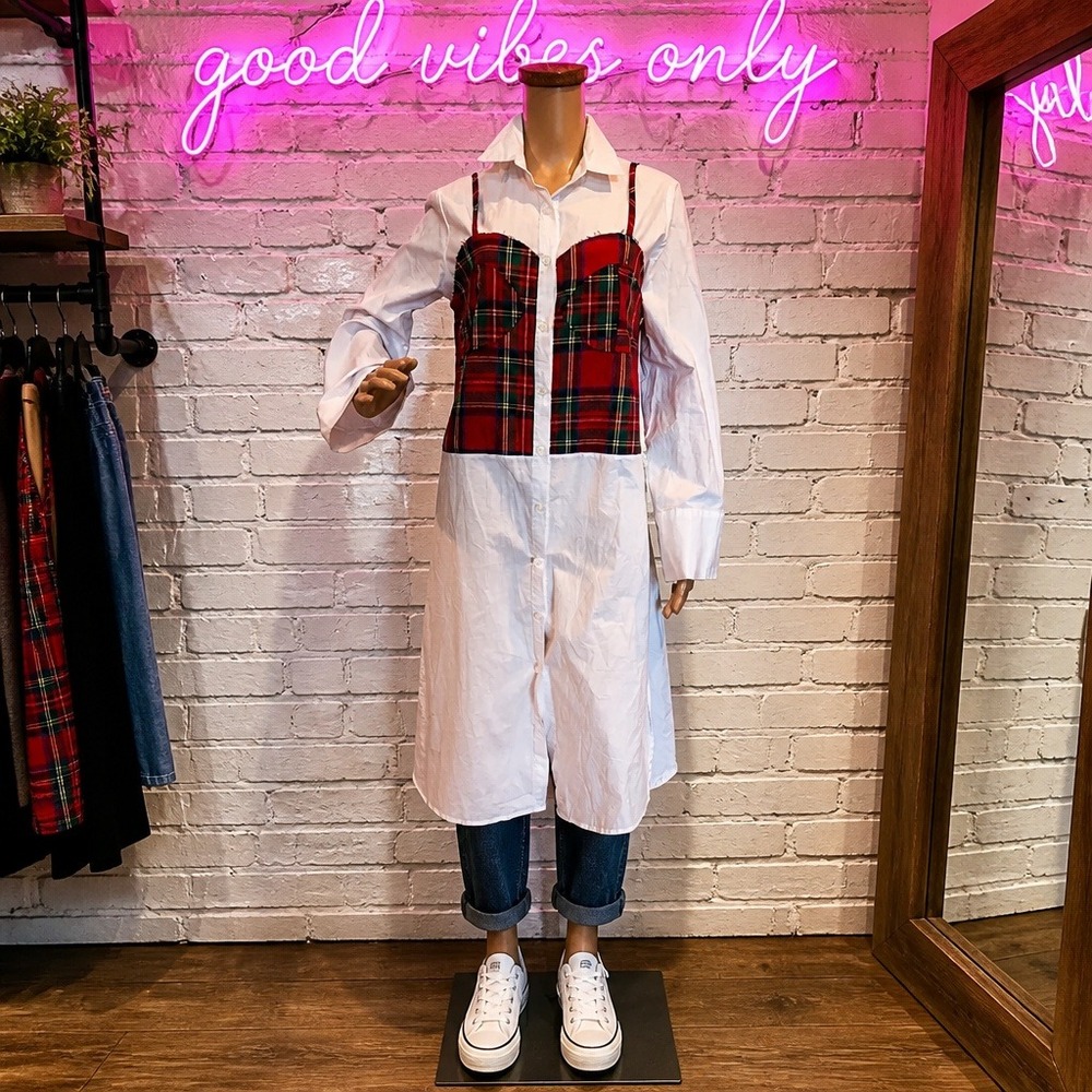 White Shirt Dress Red Plaid Corset Overlay Tartan Long Sleeve Y2K Preppy Cottage